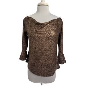 M&S Collection Women’s Copper Glitter Glam‎ Bell Sleeve Boat Neck Drape Neck Lg